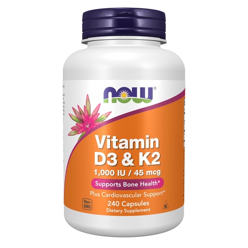 [BRSRGELRCACBAFD3] Now Supplements, Vitamin D3 & K2, 1,000 IU/45 mcg, Plus Cardiovascular Support*, Supports Bone Health*, 240 Veg Capsules
