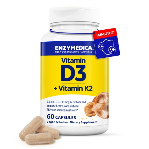 [BRSRM2QFOAARAG37] Enzymedica Vitamin D3 and K2 Supplement Caps for Men & Women - VIT D3 5000 IU & VIT K2 MK-7 90 mcg, Immune & Bone Health Support, Features Shitake Mushrooms & Prebiotic Fiber, Vegan - 60 Capsules