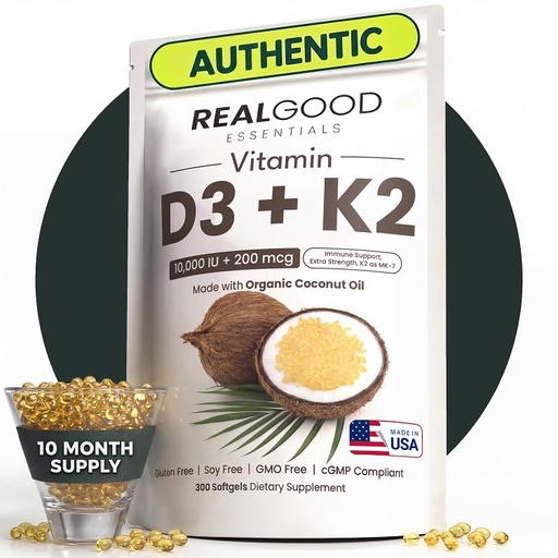 [BRSRGBT7DF5WCDTA] RealGood Essentials Vitamin D3 K2, D3 K2 Vitamin Supplement 10000 IU, K2 MK7 200 mcg, Coconut Oil Softgel Capsules, Bone and Heart Health Formula, Easy to Swallow, Clean Label, Made in USA, 300 Count