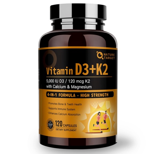 [BRSREYDQPIBAGAIU] NATURE TARGET Vitamin D3 K2 with Calcium & Magnesium - Max Strength 4 in 1 Formula for Bone, Heart & Immune Support - Supplies 5000 IU Vitamin D3 & 120 mcg of Vitamin K2, 120 Count