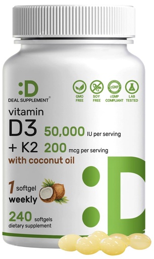 [BRSRO2QFCF5BQ3DA] DEAL SUPPLEMENT Vitamin D3 50,000 IU + K2 MK7 200mcg Softgels, 240 Count | 2-in-1 Complex with Virgin Coconut Oil | Supports Heart, Bone, Teeth & Immune Health | Easy to Swallow