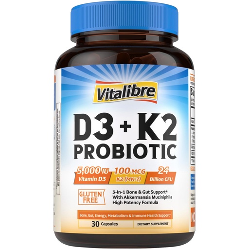 [BRSREHD6DEBWEETB] Vitalibre D3 K2 Probiotic Supplement, Vitamin D3 5000 IU & K2 100 mcg, with Probiotics for Women & Men, Akkermansia Muciniphila, Bone, Gut & Immune Support, Non-GMO, Easy to Swallow, 30 Capsules