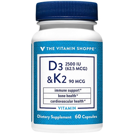 [BRSWGZQZDJ5QKDTB] The Vitamin Shoppe Vitamin D3 K2 2500 IU - Bone Density & Heart Health | D3 + K2 MK-7 | 60 Capsules | Synergistic Formula