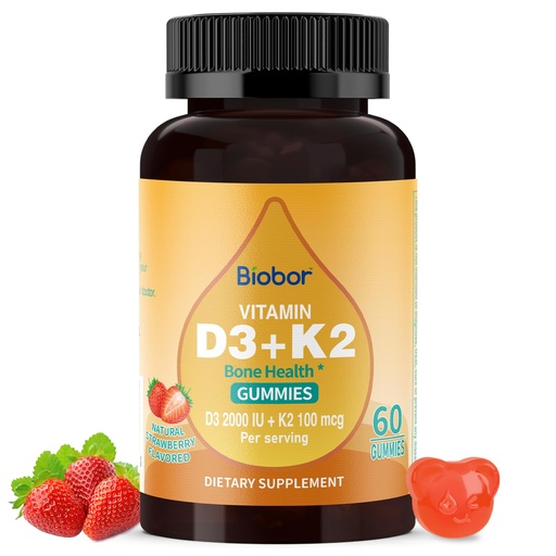 [BRSRAFLRBZ7REHLH] Biobor Natural Vitamin D3 K2 Gummies, 2000 IU Vitamin D3 & 100 mcg Vitamin K2(MK-7),Supports Healthy Bone, Immune Health Supplement, GMO Free, Gluten Free, Strawberry Flavor, 60 Count