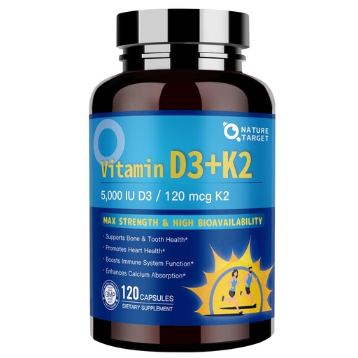 [BRSRACD3OB6ROHYY] NATURE TARGET Vitamin D3 K2 with Calcium & Magnesium - 6-in-1 Complex - Max Strength for Bone, Heart & Immune - 5000 IU Vitamin D3, 120 mcg K2, Gluten-Free, 120 Servings