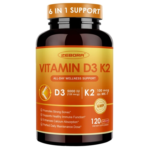 [BRSREZTRBMIQ2E3P] ZEBORA Vitamin D3 K2 5000 IU, 6-in-1 D3K2 Supplements for Bone & Immune Support, with Magnesium, Calcium, Phosphorus & Vitamin C, Maximum Strength for Men & Women, 120 Capsules
