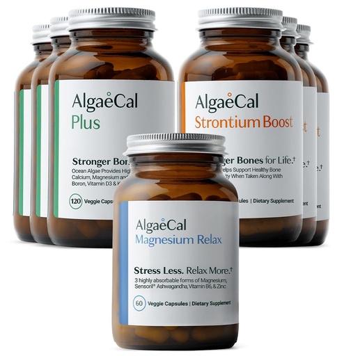 [BRSRGGIKCAMA2DTH] ALGAECAL - Bone Builder Pack for Bone Density, Plant Based Calcium Supplements & Strontium, Vitamins K2, D3, Magnesium & 16 Minerals, 3-Month Supply Magnesium Relax™ (60 Caps)