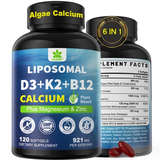 [BRSRAGA3OV5QAYDB] 6-in-1 Plant Based Calcium Supplements for Women Men- Calcium 600mg w/ D3 K2 5000 IU Vitamin, Liposomal & Algae Ca-lcium Magnesium Zinc + Vegan Vitamin D 5000 IU + K2 MK7 + Methyl B12 for Bone, 1 Pack