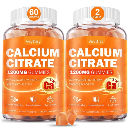 [BRSRACALOYCBU23L] Calcium 1200 mg with Vitamin D3 Supplement for Adults - Calcium Gummies with 5000iu Vitamin D3, K2, B6, B12, Magnesium & Zinc - Calcium Supplement for Women Men - Easy to Digest, Vegan (2 pack)