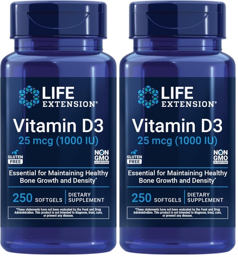 [BRSRGZYYBN6WM3LU] Life Extension Vitamin D3 25 mcg (1000 IU), Immune System Support, Bone Health, Whole-Body Health, Value Size, Gluten-Free, Non-GMO, 250 softgels (Pack of 2)