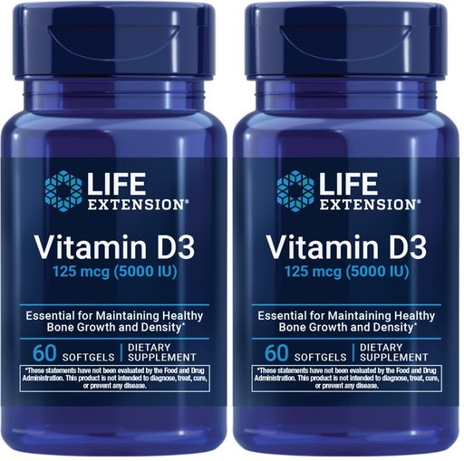 [BRSRGZYYAQPQGGYZ] Life Extension Vitamin D3 125 mcg (5000 IU), Bone Health, Brain Performance, Immune System Support, Gluten-Free, Non-GMO, Once Daily, Two-Month Supply, 60 Softgels (Pack of 2)