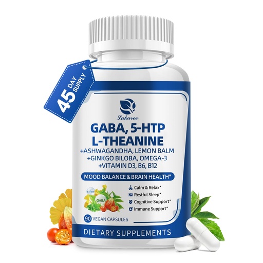 [BRSREZTRAR6QOCLV] GABA Supplements 750mg with L Theanine, 5HTP, Ashwagandha, Lemon Balm, Ginkgo Biloba, Omega-3, 10 in 1 GABA Calm Capsules for Sleep, Relaxation, Focus, Mood Support, Cortisol Balance - 90CT