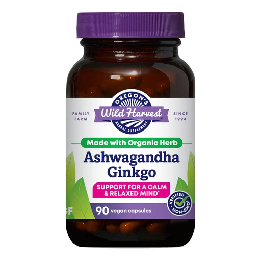 [BRSWGEALCEBROADP] Oregon's Wild Harvest Ashwagandha Ginkgo Organic Non-GMO Herbal Supplements Vegan Plant sourced Capsules | Support for Calm and Relaxed Mind, 90 Count