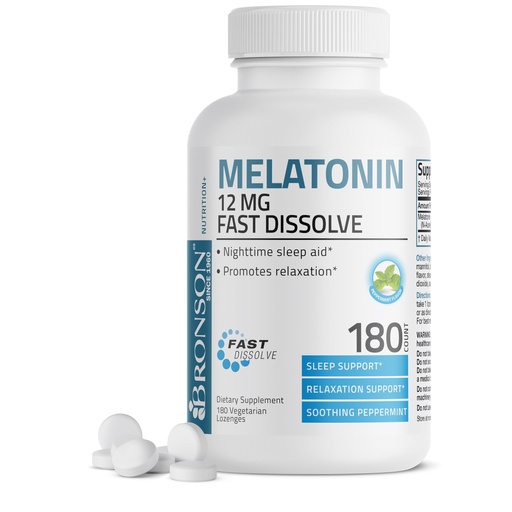 [BRSW2YD5CN6RECQV] Bronson Melatonin 12mg Fast Dissolve Nighttime Sleep Aid Support & Relaxation Support, 180 Peppermint Vegetarian Lozenges