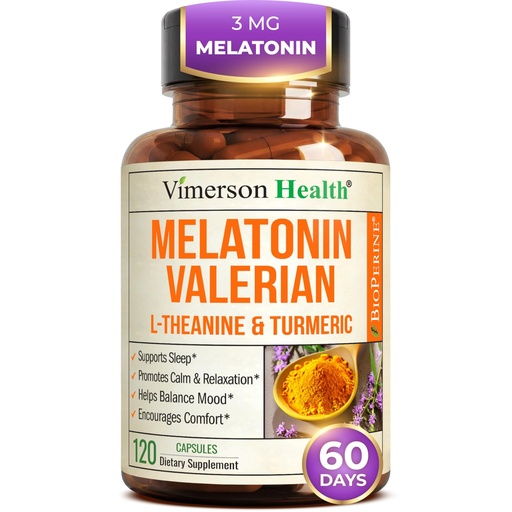 [BRSREZL5CUPAIE3H] Melatonin 3mg Sleep Aid with L-Theanine & Valerian Root – Turmeric Curcumin Supplement with Ginger & Black Pepper – Organic Turmeric Supplement for Sleep, Calm and Stress Relief Support – 120 Capsules