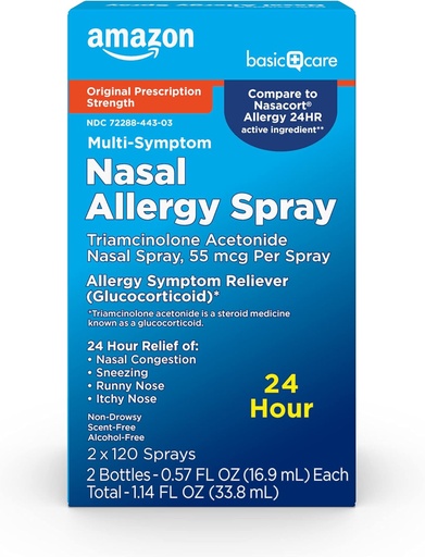 [BRSWYCANDF7GOYLX]   Basic Care Multi-Symptom Triamcinolone Acetonide Nasal Allergy Spray, 55 mcg, 0.57 fl oz (Pack of 2)