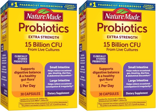 [BRSRGGQKPN6QOFLG] Nature Made Probiotics for Digestive Health Extra Strength 15 Billion CFU from Live Cultures,Probiotics for Women and Men,30 Probiotic Capsules,30 Day Supply,(Pack of 2)