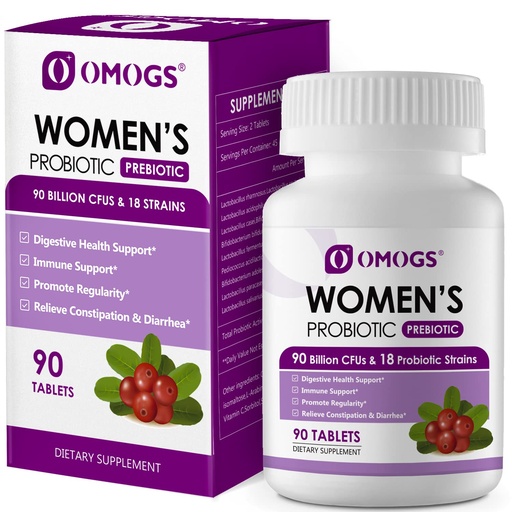 [BRSW2CYEOYCRSAI2] OMOGS Women's Probiotic, with Cranberry Extract, Organic Prebiotics & Vitamin C, 90 Billion CFUs,18 Strains, Help for Boost Immune, Digestive, Gut Health & Women's Health, Gluten & Soy Free,90 Tablets