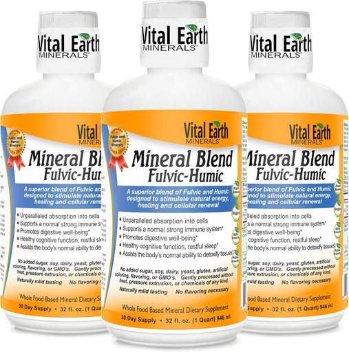 [BRSWIE3YBYOQO3L4] Vital Earth Minerals Fulvic Humic Mineral Blend Liquid 3-Pack – Fulvic Acid Supplement with 70+ Trace Minerals, Electrolytes for Recovery, Balance & Energy, 32 Oz Ea + 1 Oz Cup Ea