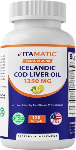 [BRSWYHD5CANB42T5] Vitamatic Icelandic Cod Liver Oil Capsules 1250mg 120 Softgels (Lemon Flavor) - Promotes Cardiovascular Health