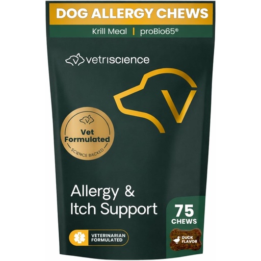[BRSRMBICOAPBUCA2] VetriScience Allergy & Itch Support Chews, Skin Supplement for Dogs, Itching, Scratching, and Licking, Support Immune Health, Duck, 75 Count