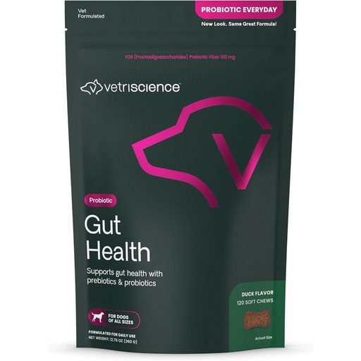 [BRSW2GIBB56AGYAZ] VetriScience Gut Health Chews, Probiotic Everyday Digestive Supplement for Dogs, Pet Probiotics for Digestion Support, Gas and Diarrhea, Immune Support, 1 Billion CFU Per Chew, Duck, 120 Count