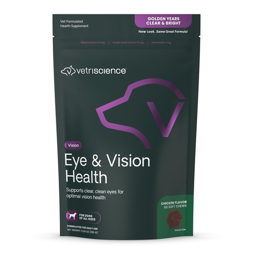 [BRSWYZA7BZYBU3DH] VetriScience Eye & Vision Health Chews for Dogs, Astaxanthin and Bilberry Extract, Eye Vitamins and Antioxidants, Prevent Tear Stains, Chicken, 60 Count