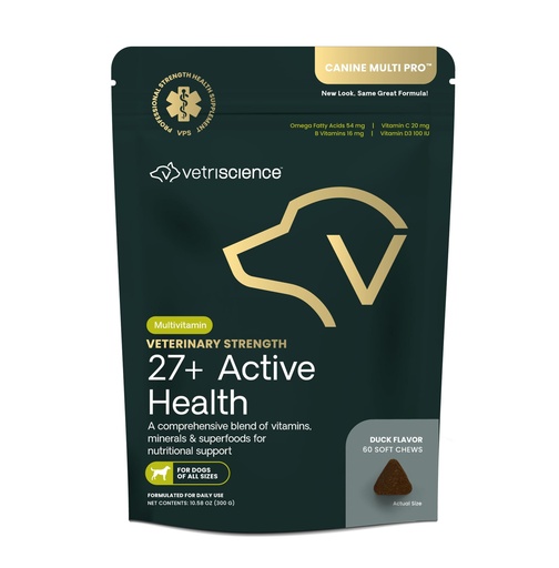 [BRSWGZQYOJYQGC3G] VetriScience Veterinary Strength 27+ Active Health Chews - Comprehensive Dog Multivitamin for Dog Health & Wellness - Digestive Support - Duck Flavor - 60 Count