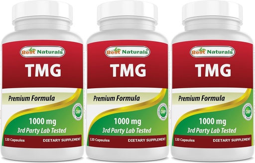 [BRSROAYNOQNGCADB] Best Naturals TMG Trimethylglycine (as Betaine Anhydrous) 1000 mg Serving - 120 Capsules - Healthy Homocysteine Levels & Methylation Support (120 Count (Pack of 3))