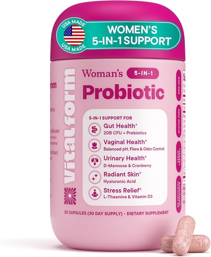 [BRSREALQDIMAAA34] Women’s Probiotic 20 Billion CFU – 5-in-1 Daily Support for Digestive, Vaginal & Urinary Health – with Cranberry, D-Mannose, Prebiotics & Hyaluronic Acid – 30 Capsules