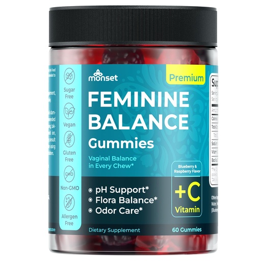 [BRSRGYAQCJ7QYYDG] MONSET Feminine Balance Gummies for Women – Vaginal Probiotics for Women pH Balance & Odor Control – 60ct Prebiotics and Probiotics for Womens – Berry Flavor Vaginal Health Supplement
