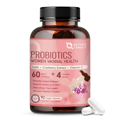 [BRSRE2QHOIMWGCLP] NATURE TARGET Vaginal Probiotics for Women, pH Balance for Women with Probiotic, Prebiotics, Cranberry & Vitamin C, Support Odor Control, Flora Balance, Urinary & Digestive Health, 90 Vegan Capsules
