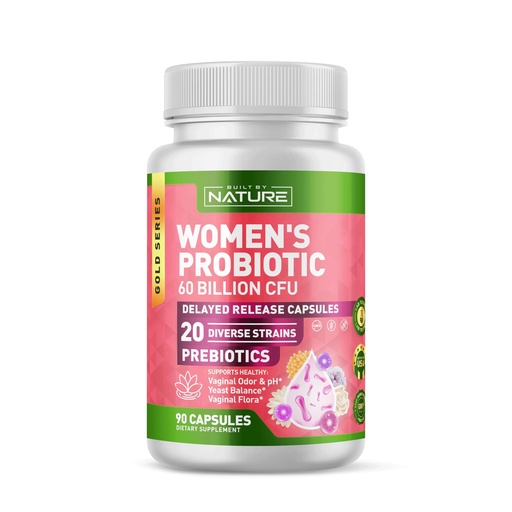 [BRSREYIDDJ7GK2T4] Built by Nature Probiotic for Women 60 Billion CFU – 20 Strains + Prebiotics – Vaginal & Digestive Support – Delayed Release Capsules, Shelf Stable – 3 Month Supply - 90 Capsules