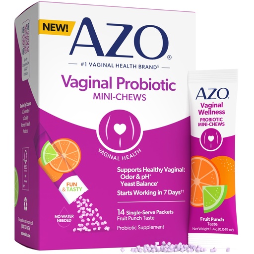 [BRSRGHAKAQIWAG3O] AZO Vaginal Probiotic Mini-Chews for Women, Supports Healthy Vaginal Odor, Healthy Vaginal Flora, Yeast Balance and pH*, Delicious Fruit Punch Taste, 14 Count