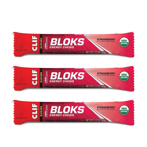 [BRSWIHL3AEABO2Y3] CLIF BLOKS - Energy Chews - Strawberry- Non-GMO - Plant Based Food - Fast Fuel for Cycling and Running-Workout Snack (2.1 Ounce Packet, 3 Count)