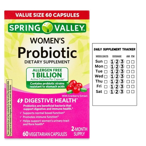 [BRSRABQDDJYRS2DH] Spring Valley Women's Probiotic Dietary Supplement Vegetarian Capsules for Digestive Health, Cranberry, 60 Count Value Size + Daily Supplement Tracker Sticker