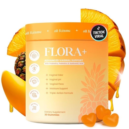 [BRSREAL6OZ4GA2D2] Flora+ Women’s Vaginal Probiotic Gummies for pH Balance, Odor and Freshness Support with Prebiotics & Hyaluronic Acid, Sugar Free Pineapple, Vegan Non-GMO | 30 Gummies