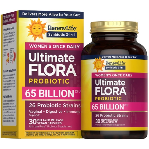 [BRSRABIPB4NR633D] Renew Life Ultimate Flora Probiotics for Women 65 Billion CFU Delayed Release Vegan Capsules | Vaginal | Digestive Health | Immune Health | Dairy Free | 30 Count