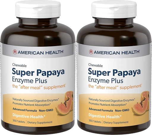 [BRSROZT5OUFG2AYU] American Health Super Papaya Enzyme Plus Chewable Tablets, Natural Papaya Flavor - Promotes Digestion & Nutrient Absorption, Contains Papain & Other Enzymes - 360 Count - Pack of 2