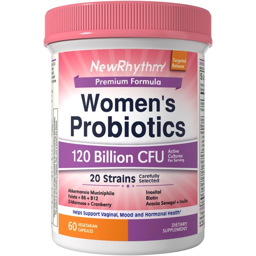 [BRSRABQQCIPBSCA4] NewRhythm Probiotics for Women, Akkermansia Probiotic, Biotin, Vitamin B6 B12 & Inositol, 120 Billion CFU 20 Strains, Digestive Enzymes, Prebiotics & Vaginal Probiotics for PH Balance, 60 Capsules