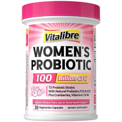 [BRSRAGT3O4IWOYAU] Vitalibre Probiotics for Women 100 Billion CFU 15 Strains, Daily Probiotic & Prebiotic Supplement with Organic Cranberry to Support Vaginal, Digestive, Immune Health, Shelf Stable, 30 Vegan Capsules
