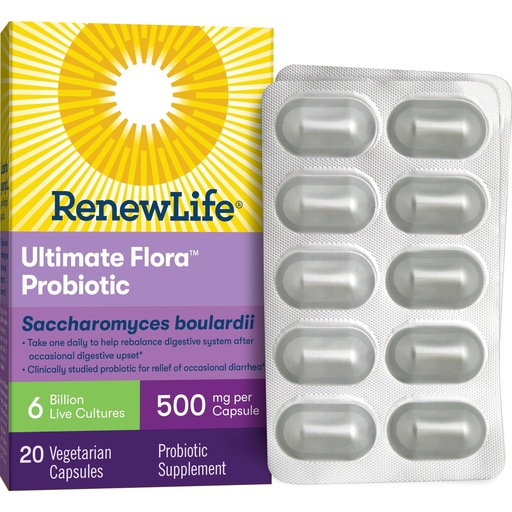 [BRSWKYYNO4PACC3A] Renew Life Ultimate Flora Probiotic Capsules, Daily Supplement Relieves Occasional Digestive Upset and Diarrhea, Saccharomyces Boulardii, Dairy, Soy and gluten-free, 6 Billion CFU, 20 Count
