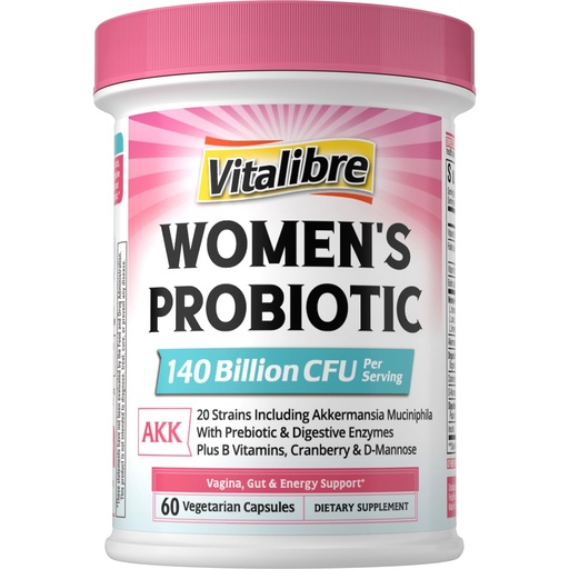 [BRSRAC3YB4DQYFD6] Vitalibre Women's Probiotic Plus, Akkermansia, 140 Billion CFU, 19 Strains with AKK, Vitamin B6, B9, B12, Biotin, Cranberry, D-Mannose, Gut, Vagina Health, 60 Vegetarian Caps