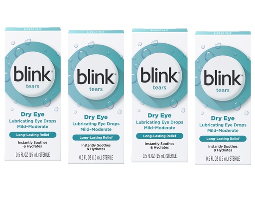 [BRSWGZYKCABBAGQZ] Blink Tears Lubricating Eye Drops, Eye Care for Mild to Moderate Dry Eyes, Hyaluronate for Boosting Hydration, Moisturizing & Soothing Eye Drops for Dry Eyes, 0.5 fl oz (Pack of 4)
