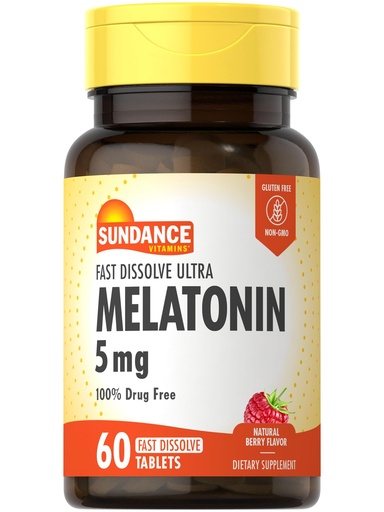 [BRSWICAPBQNQO3D4] Sundance Melatonin 5mg Fast Dissolve Tablets | 60 Count | Natural Berry Flavor | Vegetarian, Non-GMO, and Gluten Free Supplement