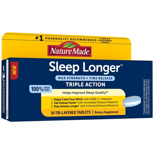 [BRSWYCQRBMFGYF3H] Nature Made Sleep Longer, Melatonin 10mg Time Release Tri-Layer Tablets, Helps Improve Sleep Quality, Fall Asleep Faster, Stay Asleep Longer, L-Theanine and GABA to Help Calm Your Mind, 35 Tablets