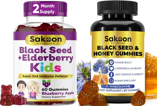 [BRSRMYYTAAIBMAY7] Sakoon Nutrition Black Seed Oil Gummies for Adults & Kids – Immune Support with Honey, Elderberry, Vitamin C, Zinc & 2%+ Thymoquinone – Antioxidant, Heart, Joint, Hair & Skin Health – 2 Pack (60 Each)