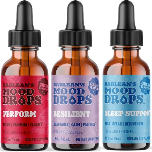 [BRSREZITPIIBUHLP] Barlean's Mood Booster Supplement Bundle, Perform, Resilient and Sleep Liquid Drop Supplements for Men and Women, Adaptogen Herbs Drops, 1.5 oz