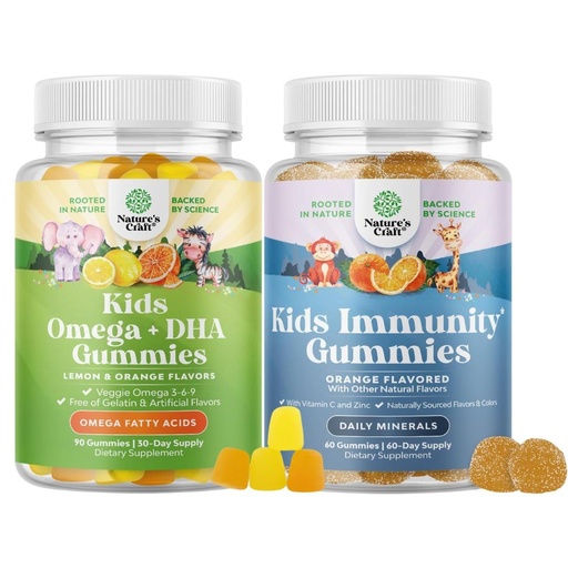 [BRSRAZYTOBYBAFDD] Bundle of Kids DHA Omega 3 Gummies - Fish Free with Vegetarian 6 9 for Vision Brain & Immunity and Kids Immunity Support Gummies Vitamin C with Zinc & Echinacea Immune Booster Supplement for Children
