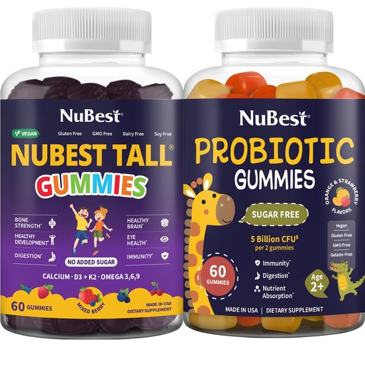 [BRSRGFIOCICQKF3X] NuBest Bundle Tall Gummies & Probiotic Gummies - Daily Nutrition for Bone Growth, Brain Growth, Eye Health, Immunity & Digestive Support for Kids & Teens